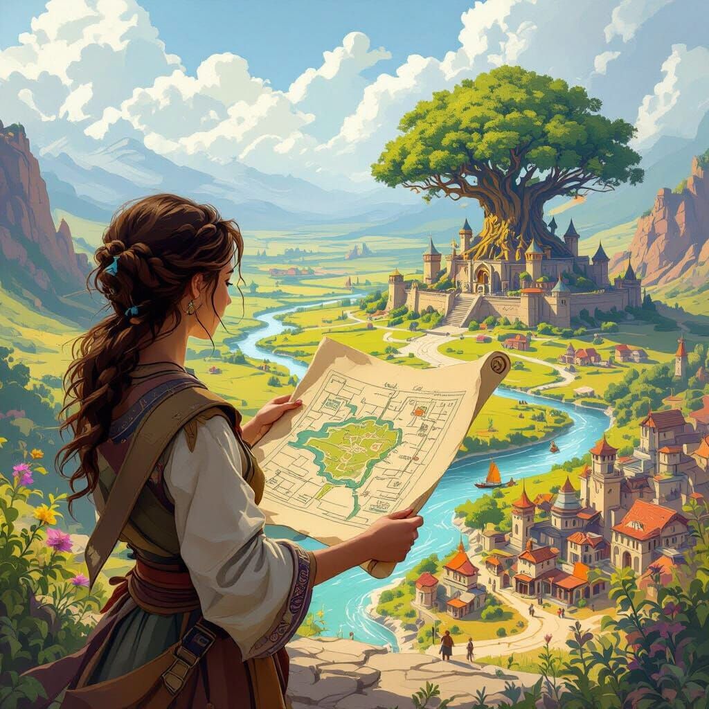 Woman Unveiling a Vibrant Map of Eraan