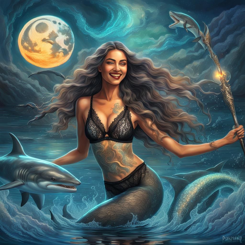 Lady on Shark in Steamy Water, Holographic Illustration