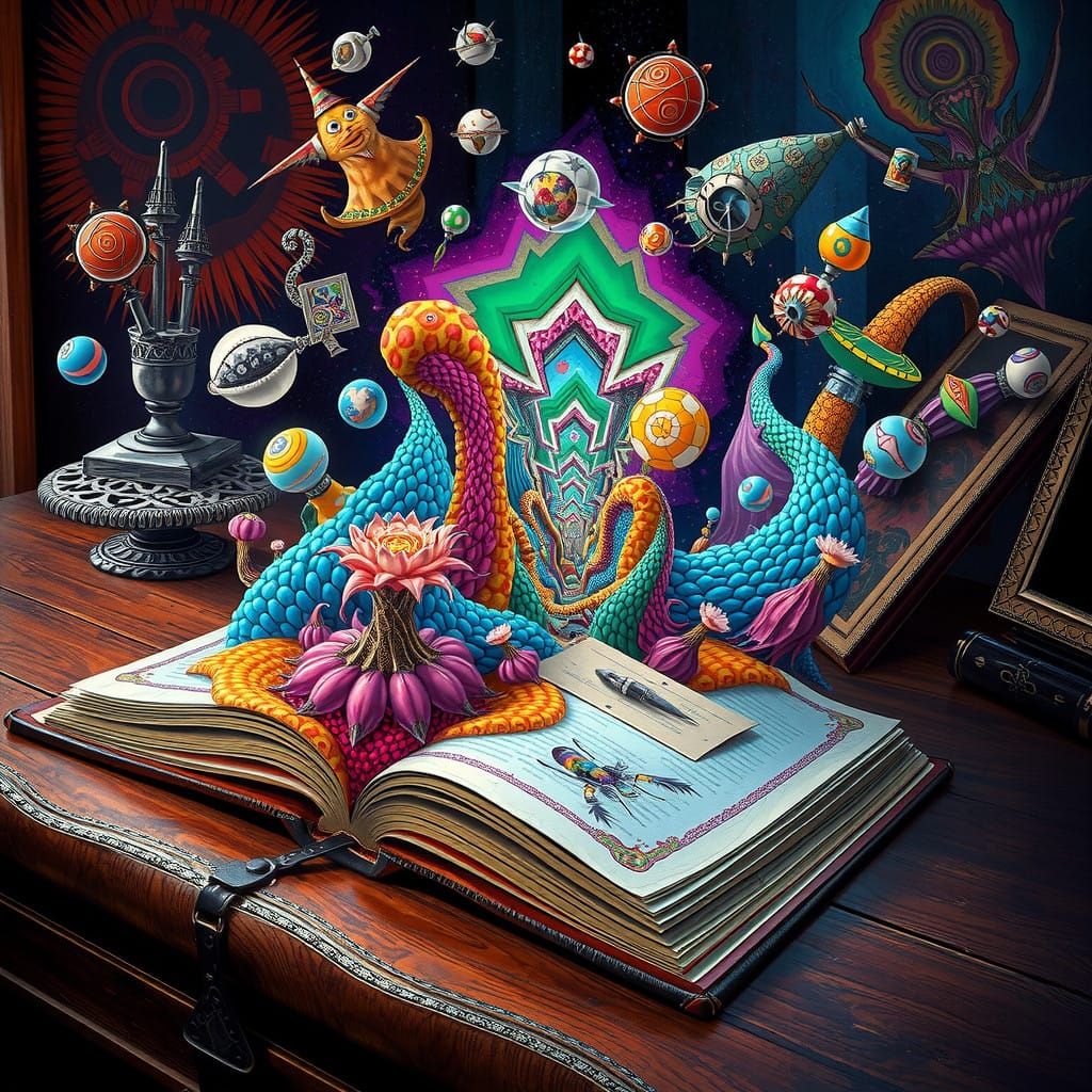 Vibrant Psychedelic Kaleidoscope Landscape in Leather-Bound....