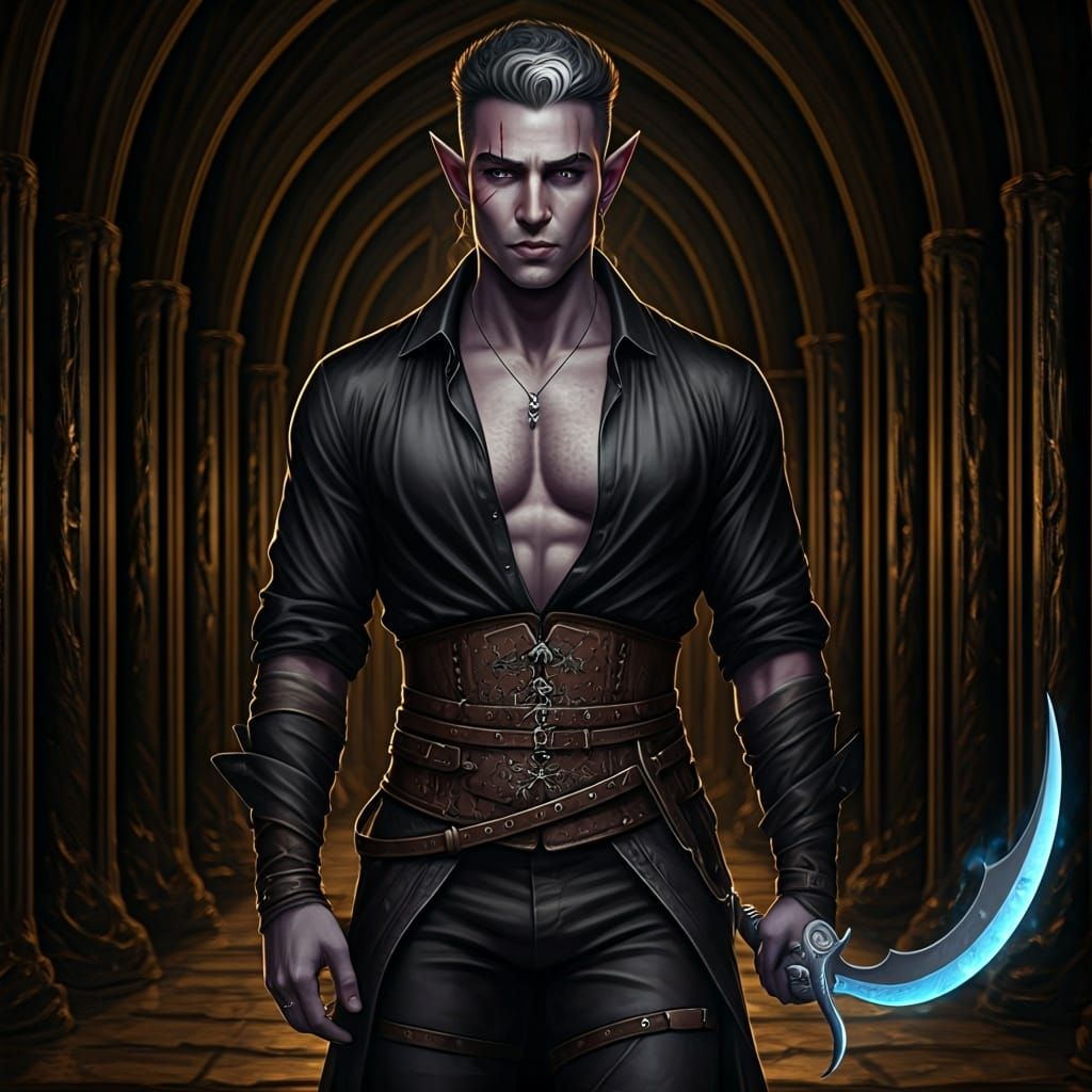 Handsome Drow Warrior in Obsidian Corridor