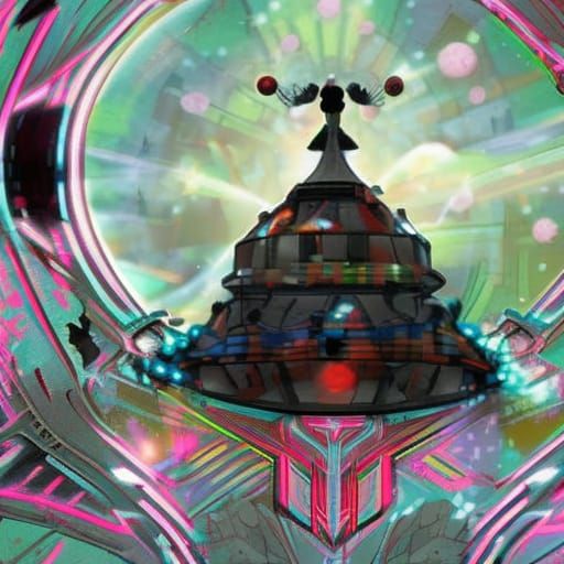 Candy Cane Satellite Orbiting Saturn in Cyberpunk Style