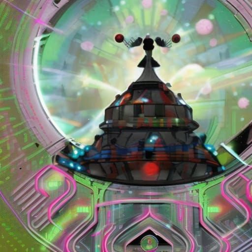 Cyberpunk Satellite over Saturn Moon in Neon Style