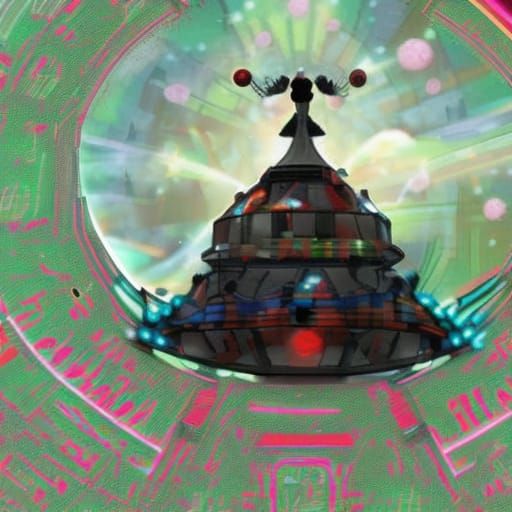 Cyberpunk Candy Cane Satellite Orbiting Saturn Moon