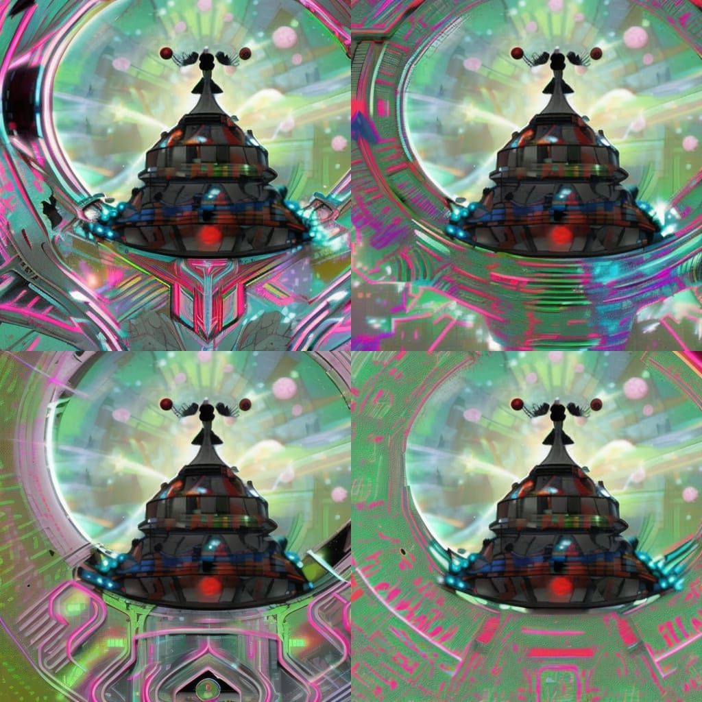 Cyberpunk Candy Cane Satellite Orbiting Saturn