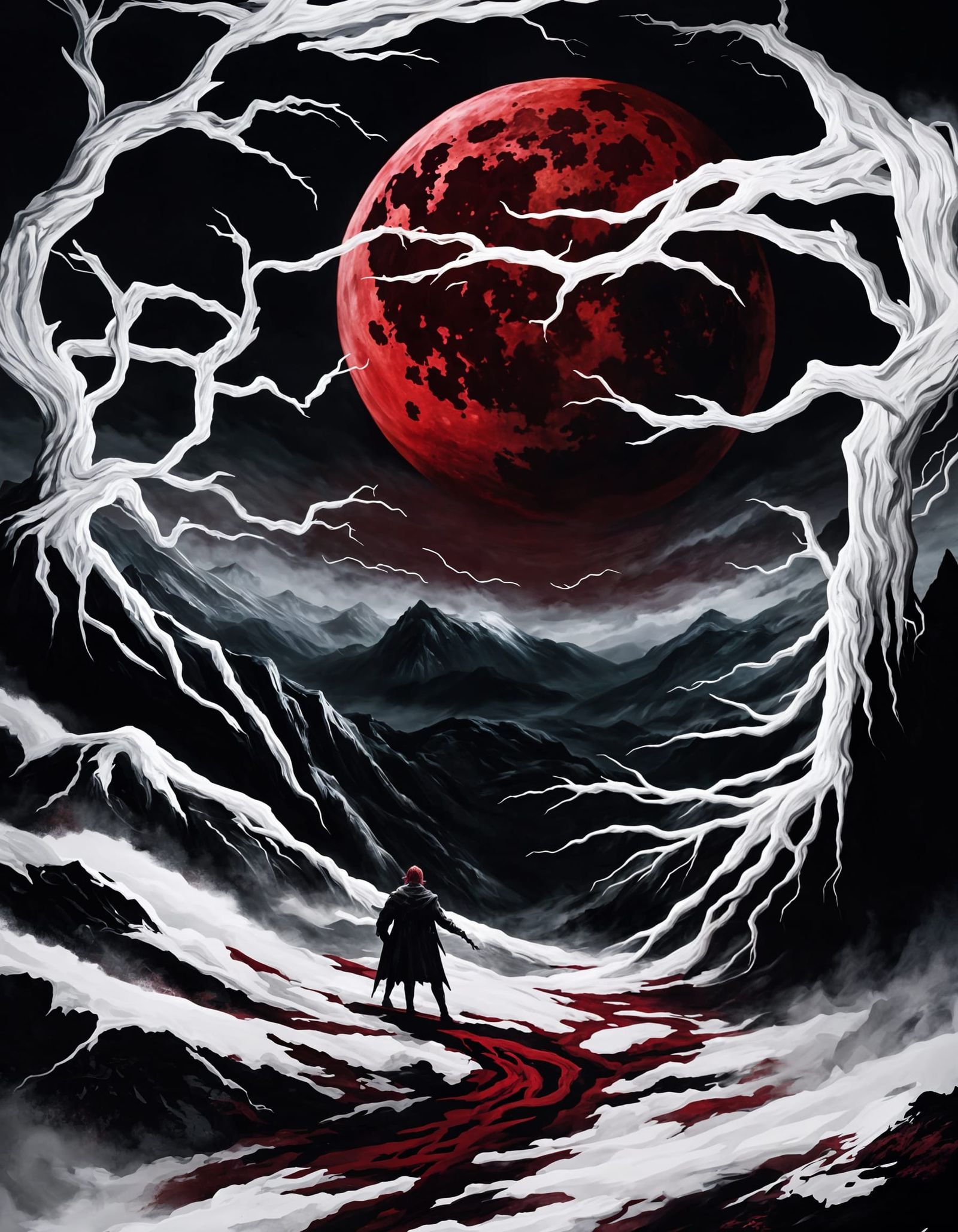 Cyberpunk-Inspired Haunting Mountain Landscape Under Crimson...