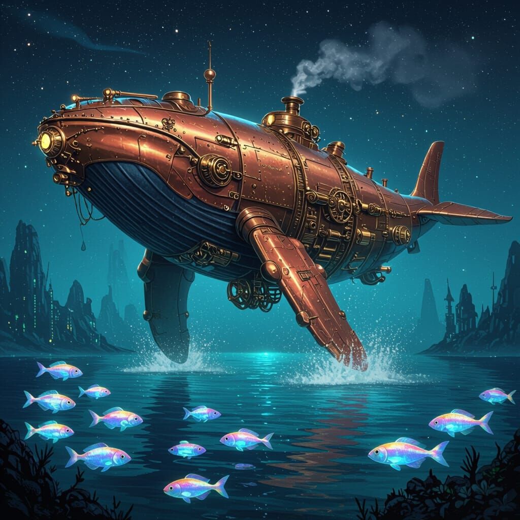 Steampunk Whale Breaching Alien Ocean