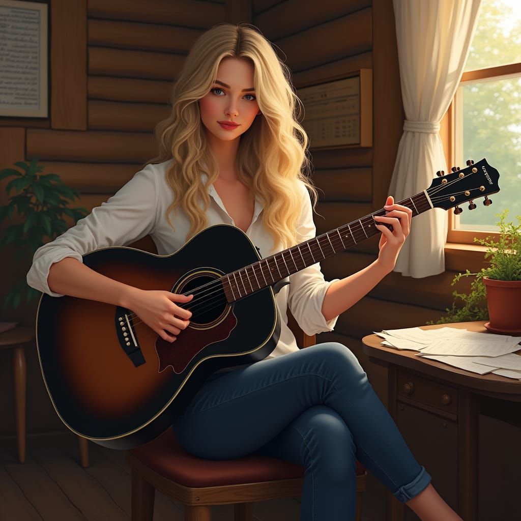 Woman Plays Guitar in Cozy Cabin Digital Painting