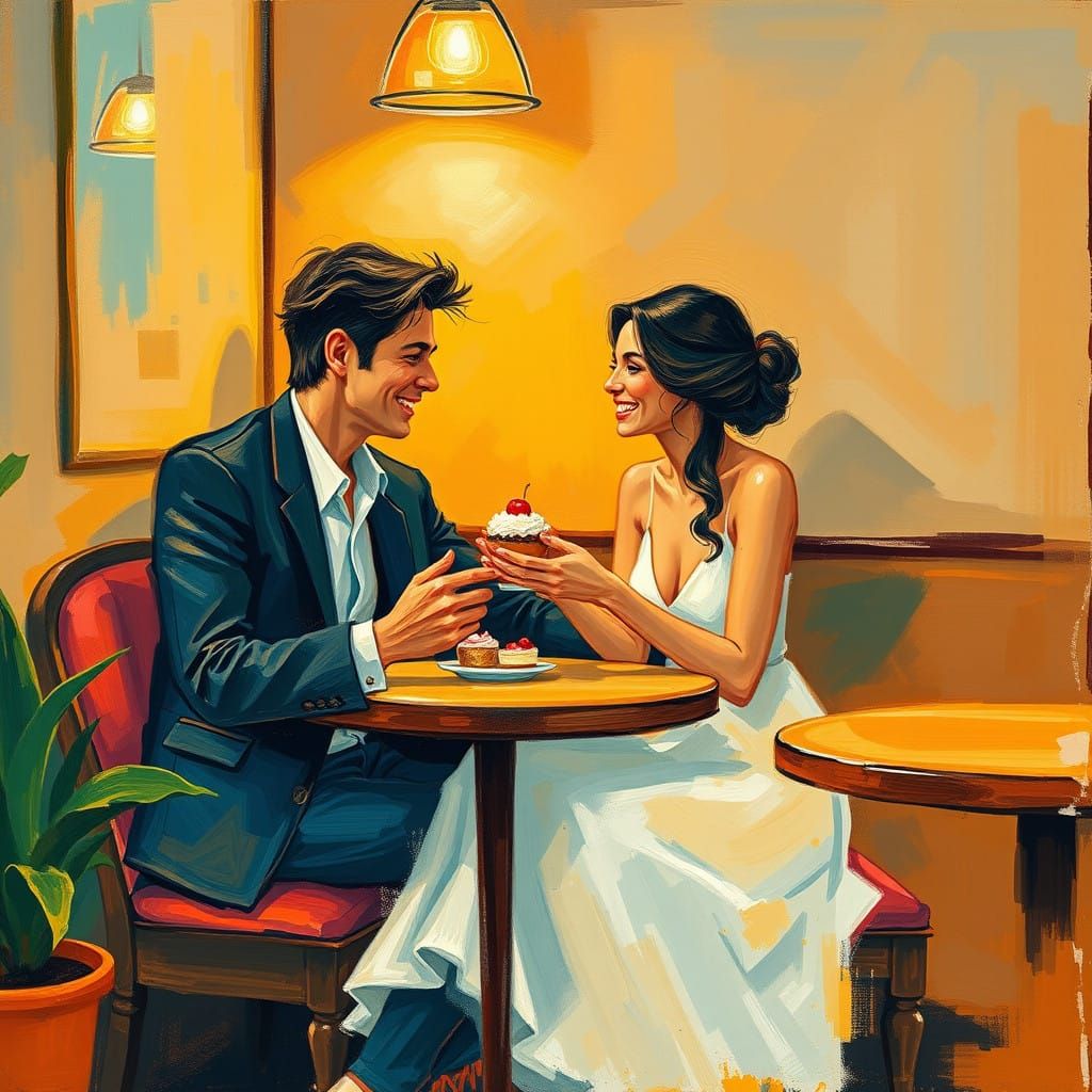Intimate Couple's Golden Moment Amidst Whimsical Cafe Atmosp...