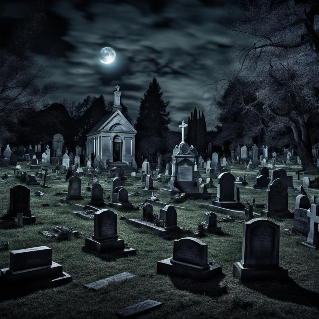 Night Graveyard Scene with Rising Ghosts