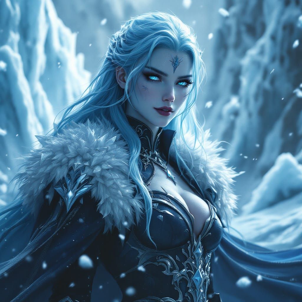 Ice Queen General in Dark Fantasy Anime-Realism Style