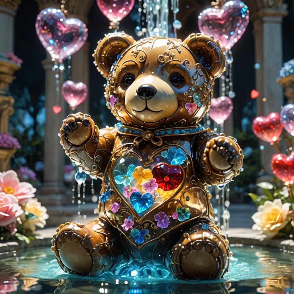 Glowing Glass Teddy Bear Fountain in Baroque Surrealism