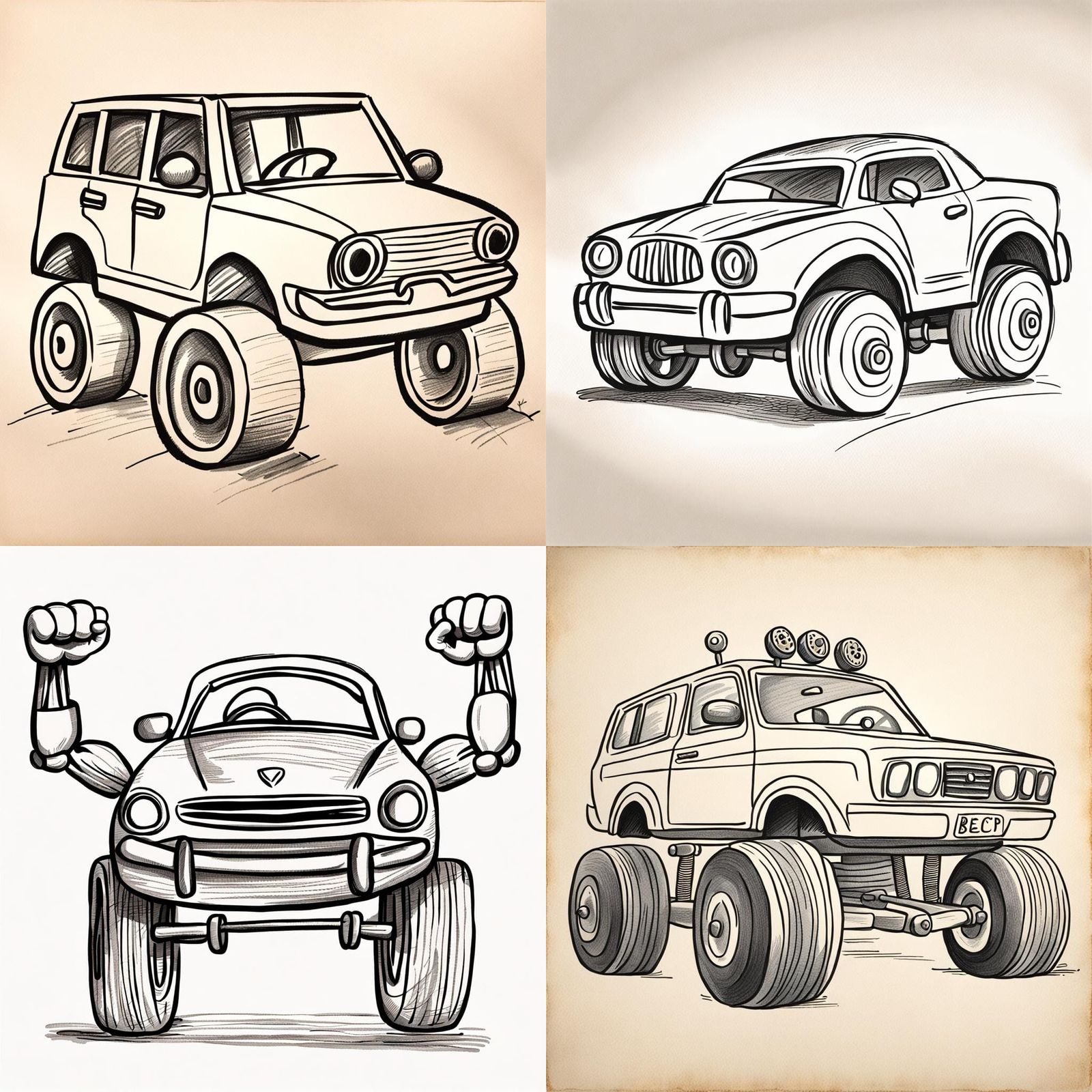 Child's Drawing: Car with Muscular Arms and Feet