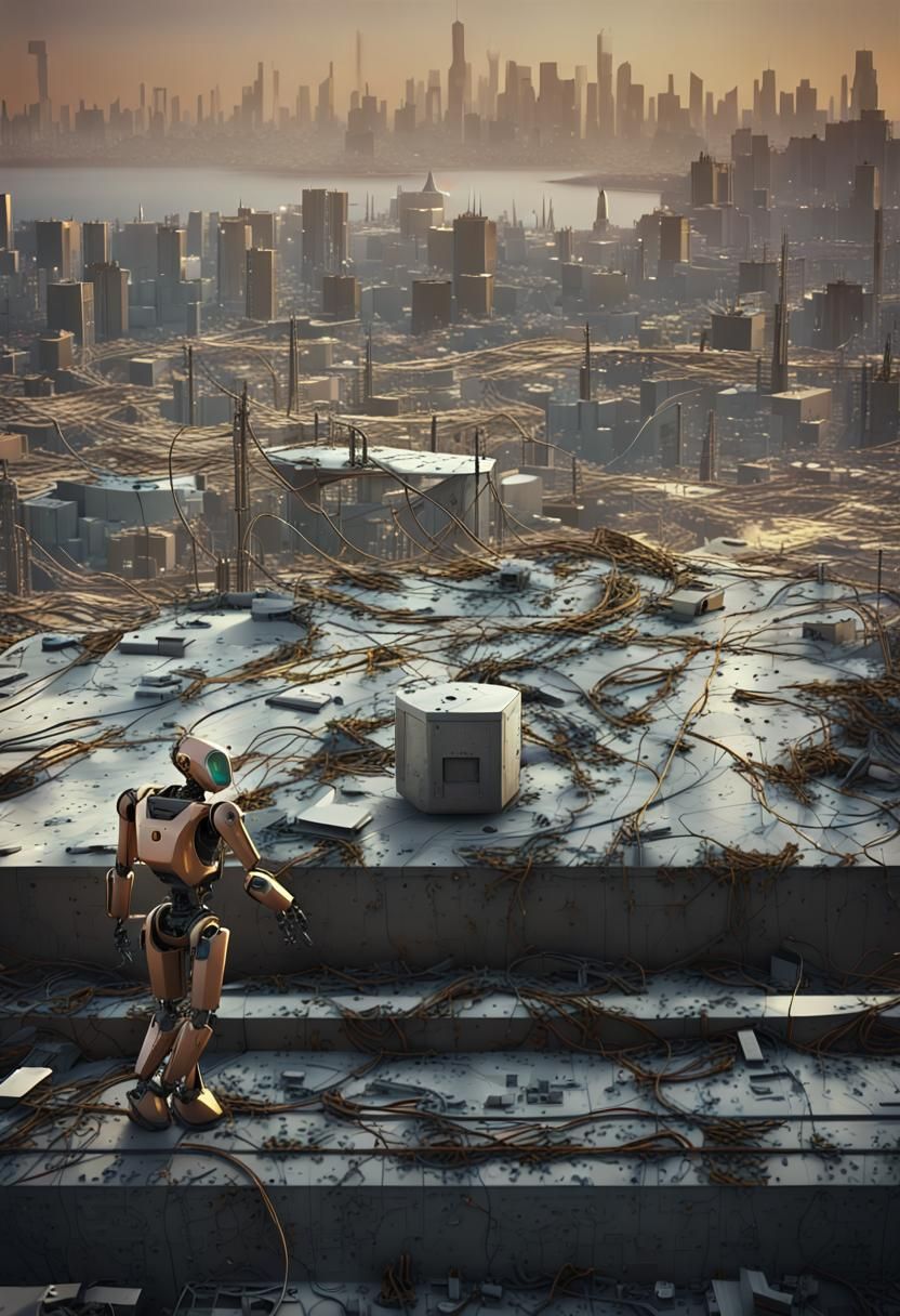 Futuristic Robot in Abandoned Cityscape at Sunset