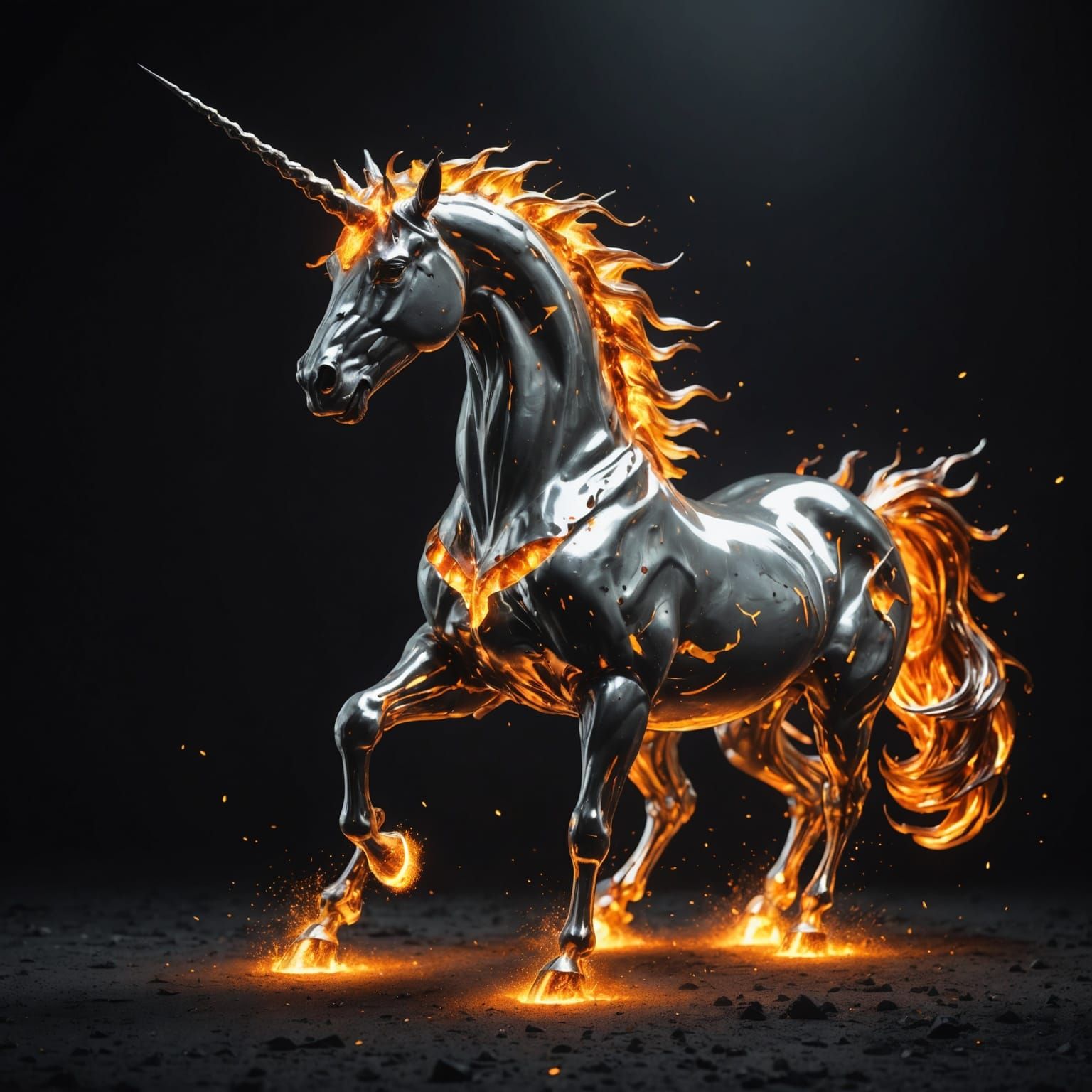 Dramatic Titanium Unicorn of Molten Metal in Fiery Light