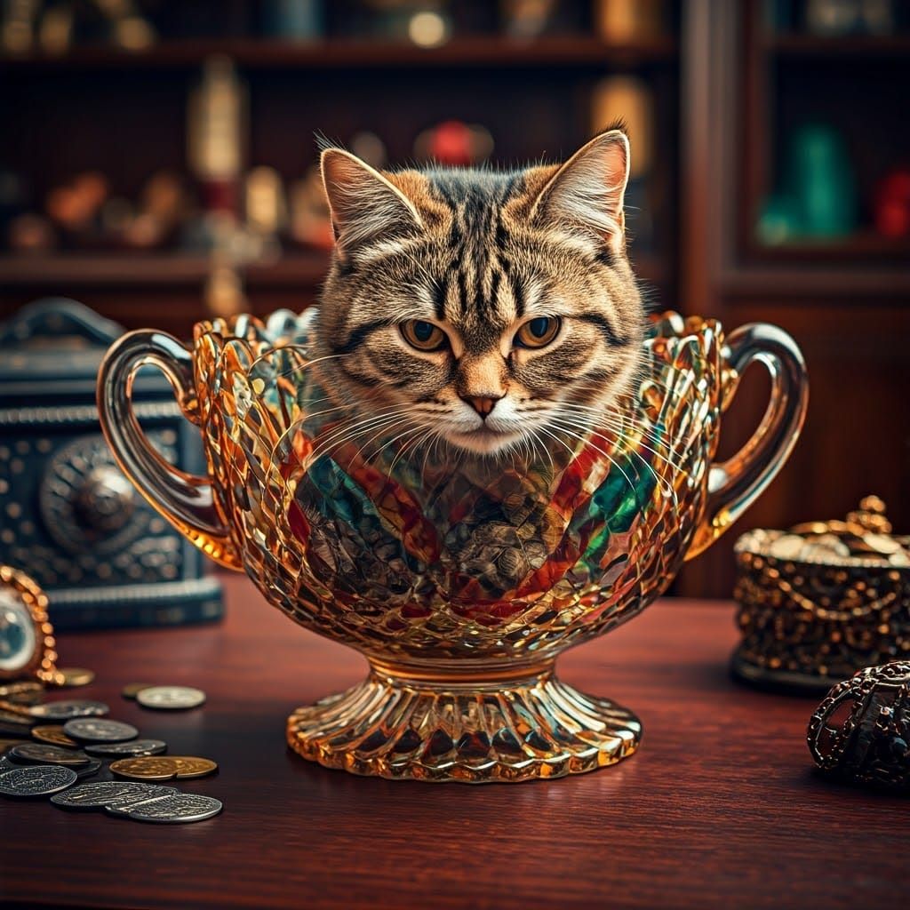 Cute Overweight Tabby Cat in Opulent Crystal Pot