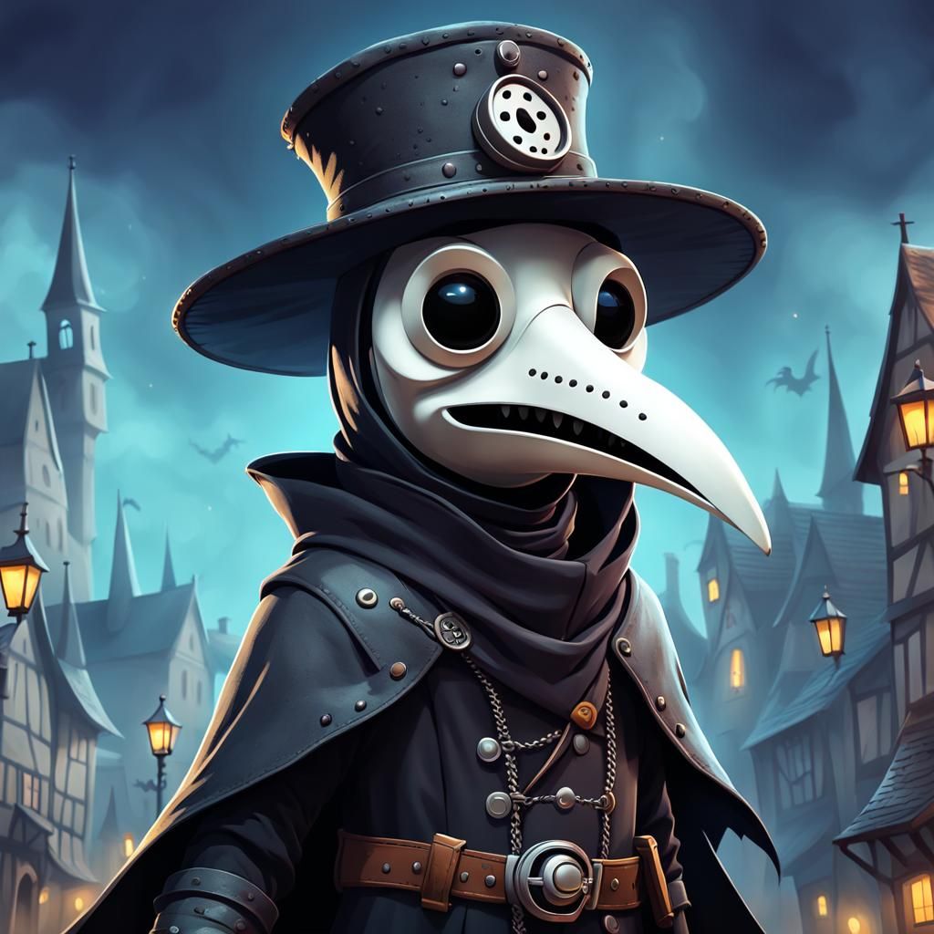 Pixar-Style Plague Doctor in Cheerful Town