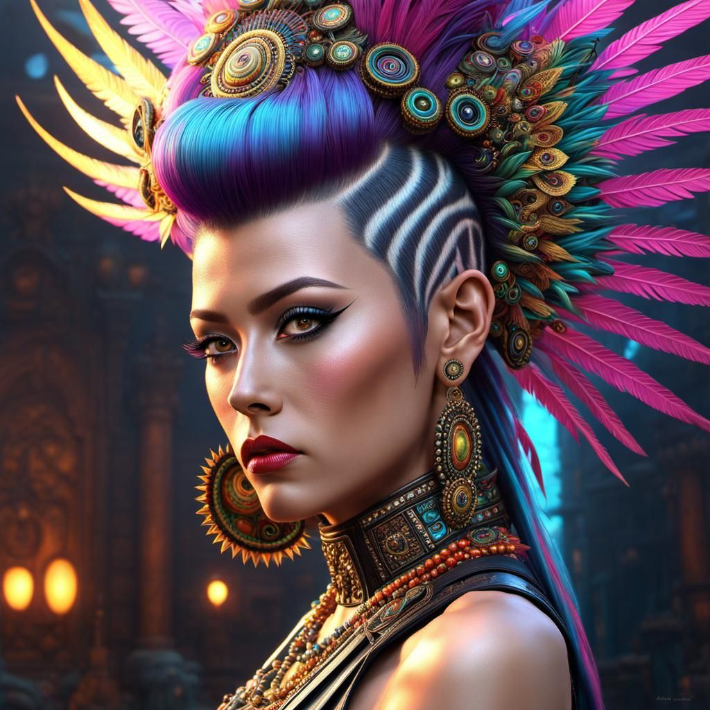 Psychedelic Amazonian Woman with Chinese Mohawk Hairstyle