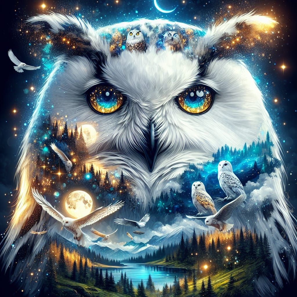 Double Exposure Owl: Hyperrealistic Digital Art