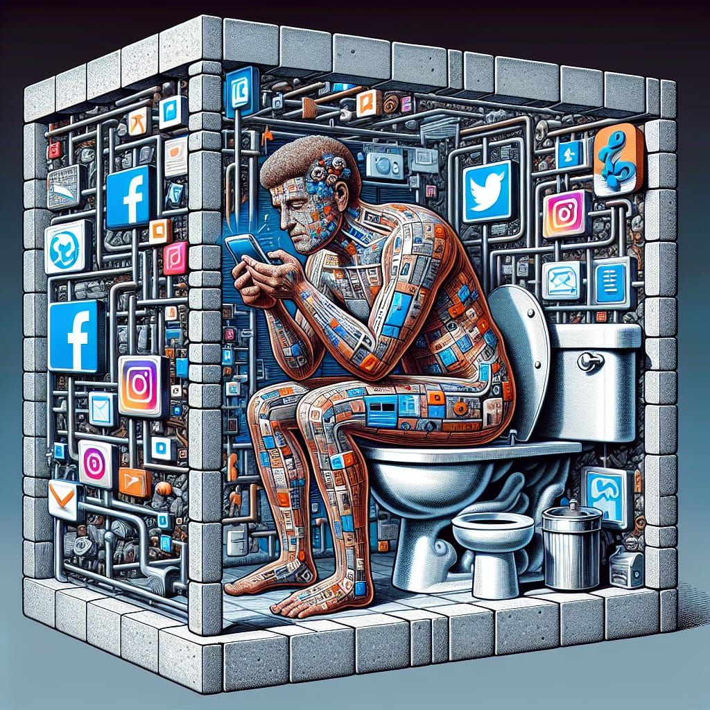 Man Entwined with Social Media in Cube Cage