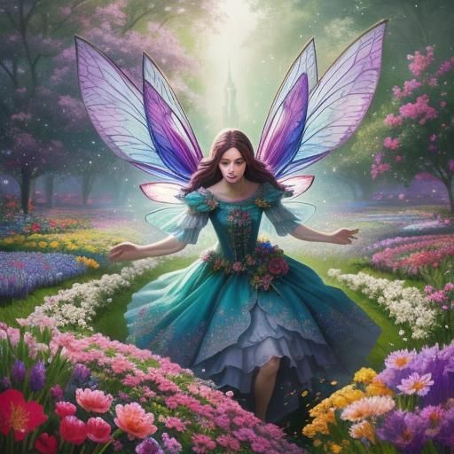 Hyperrealistic Fairy in a Blooming Flower Garden