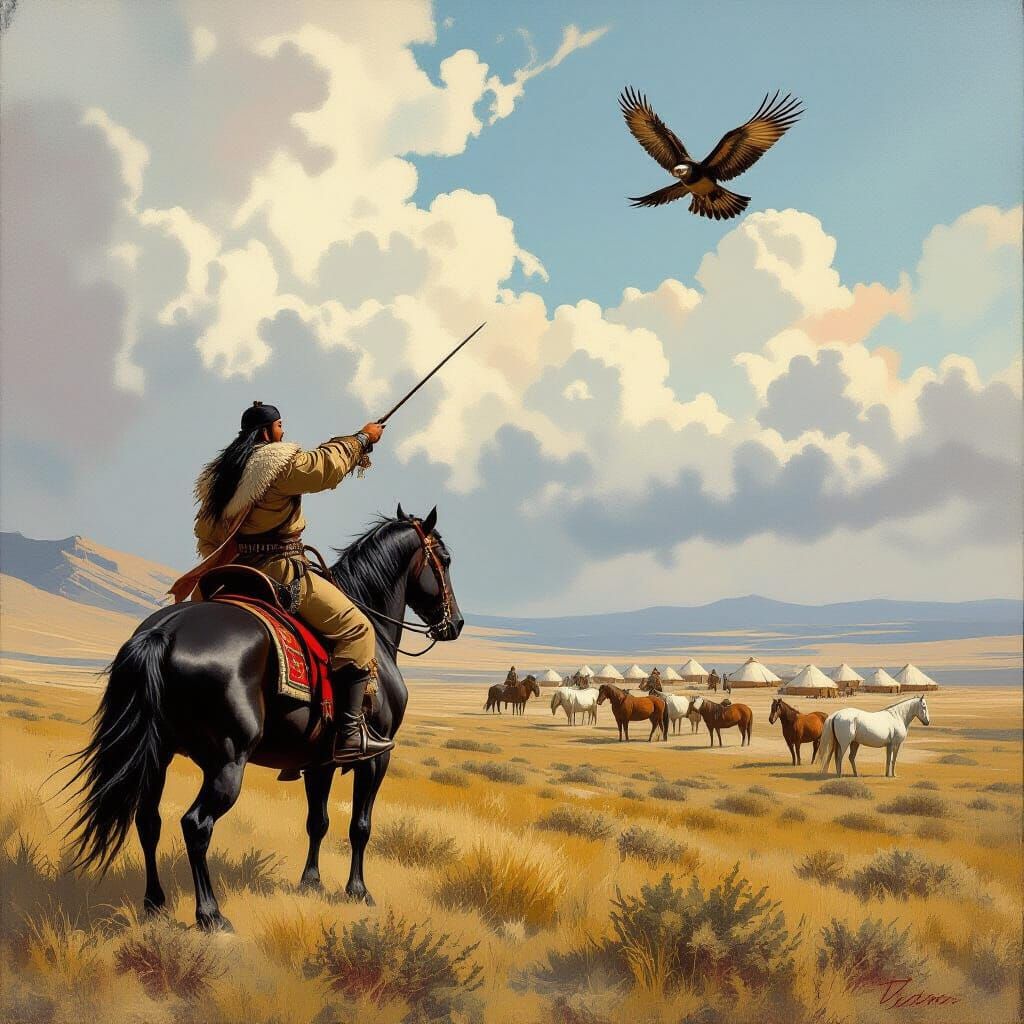 Chinggis Khan Hunting Falcon on Steppe in Epic Style