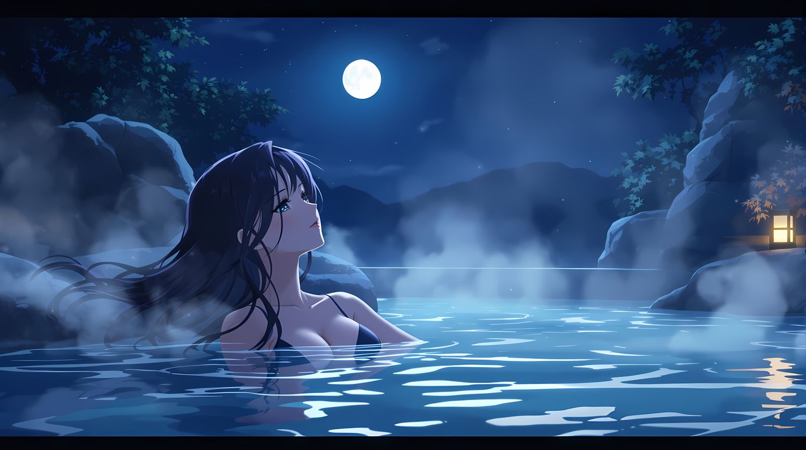 Anime Woman Soaks in Moonlit Onsen