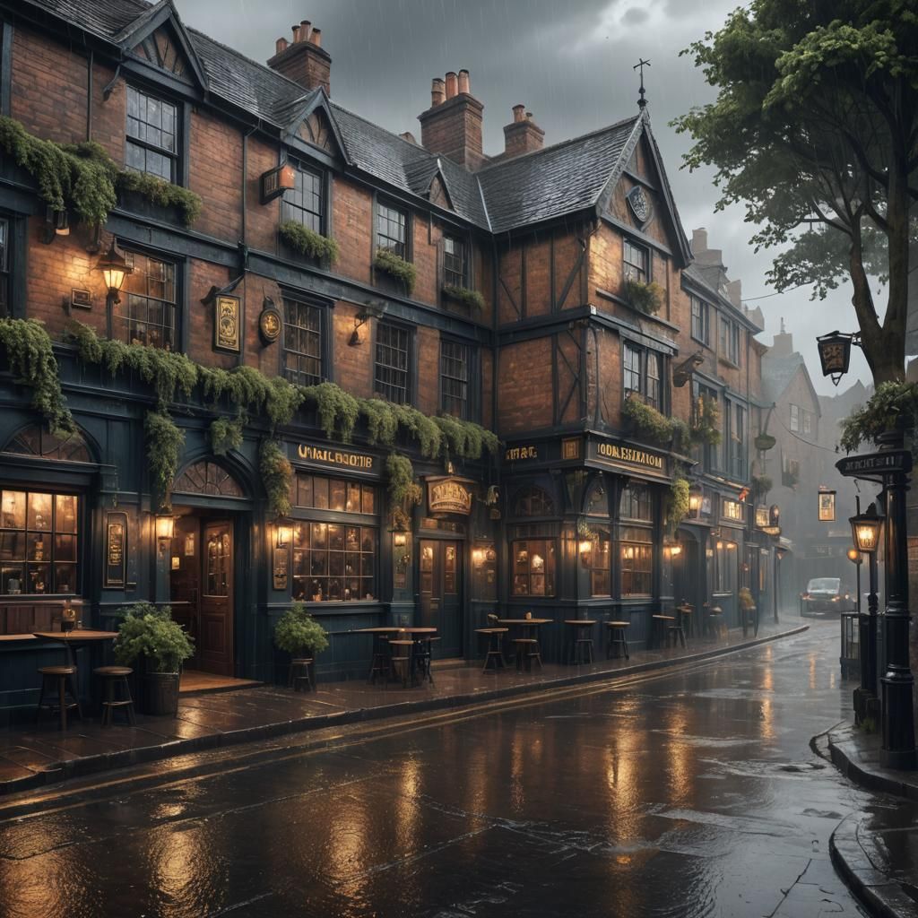 English Pub on Rainy Day: Matte Painting