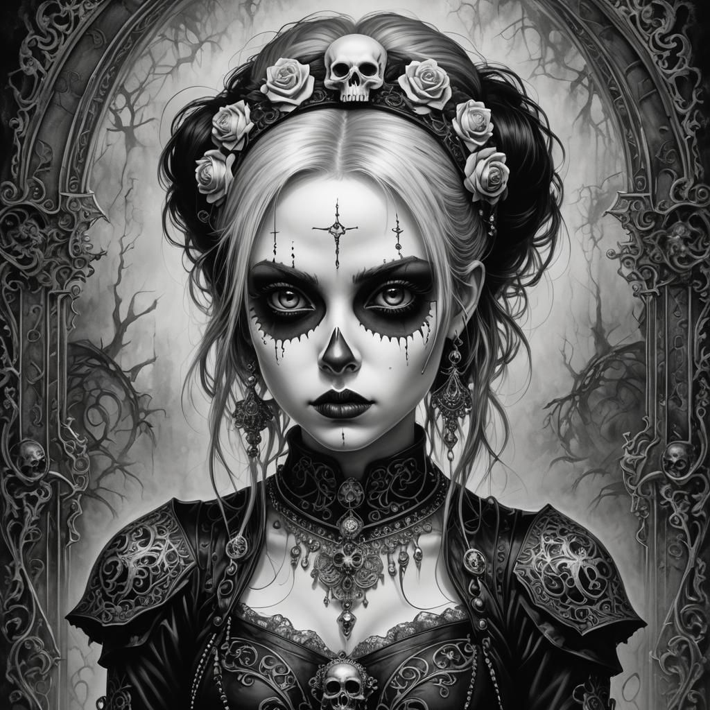 Cute Goth Girl Portrait in Black and White