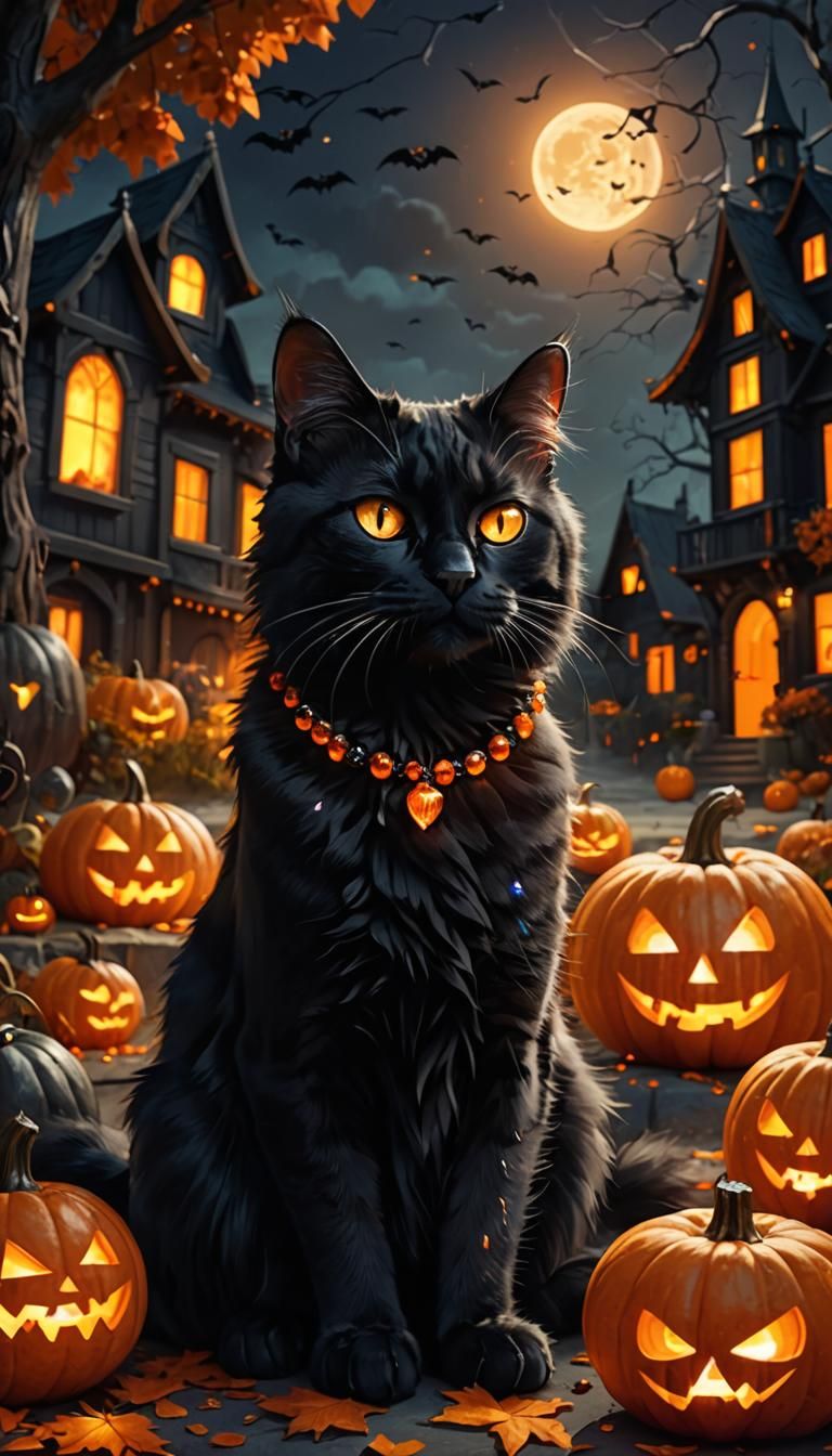Halloween Cat with Glowing Pumpkins: Digital Concept Art