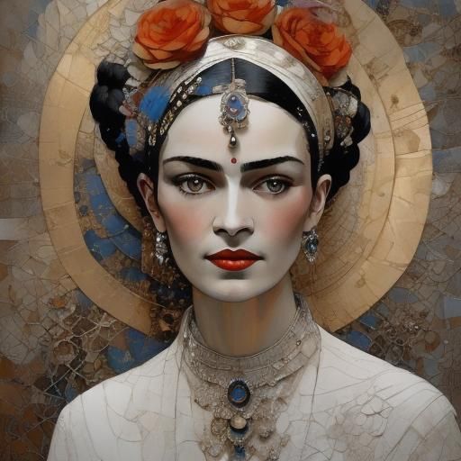 Hyperrealistic Frida Kahlo Portrait with Futuristic Jewelry