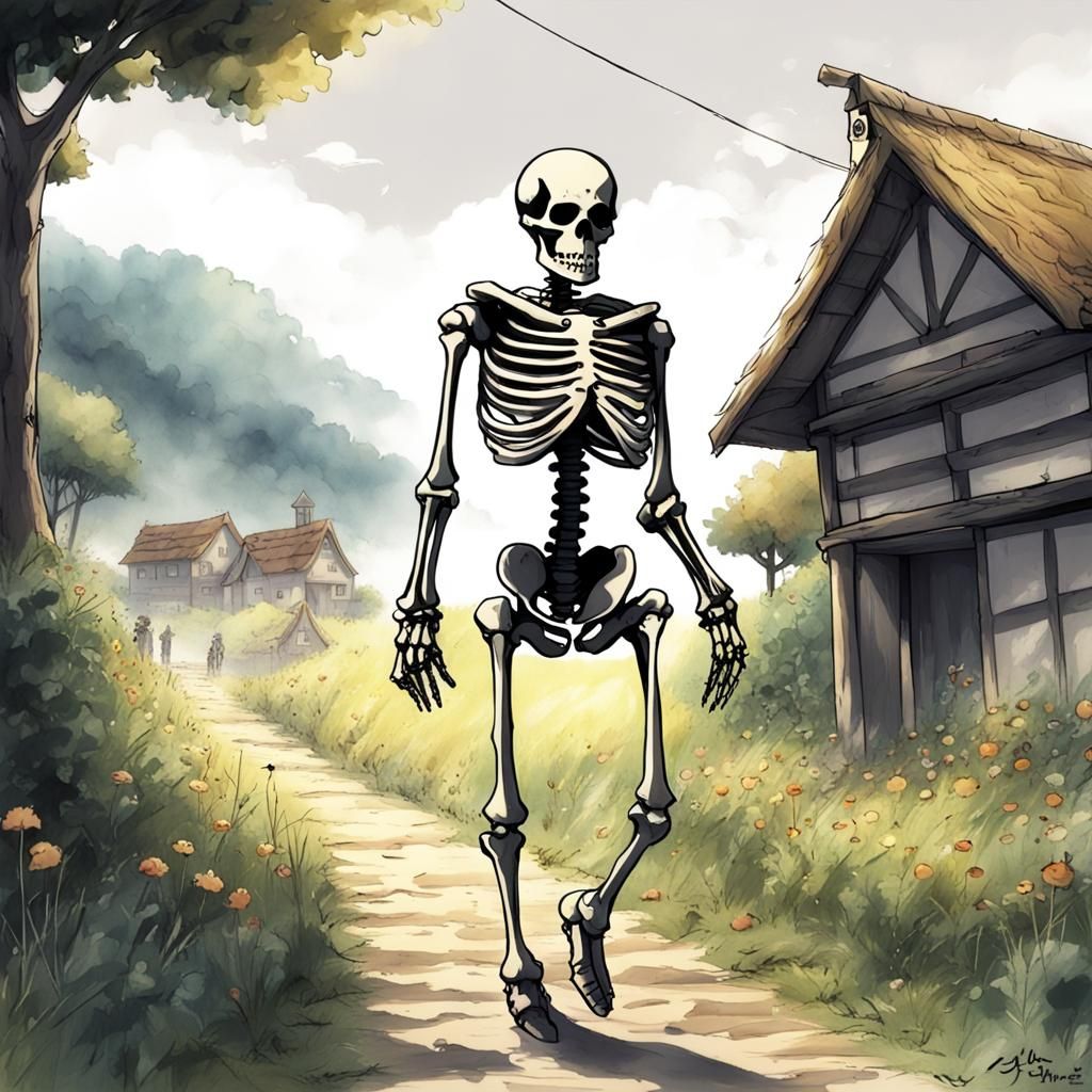 Skeleton Walks to Village in Anime Style