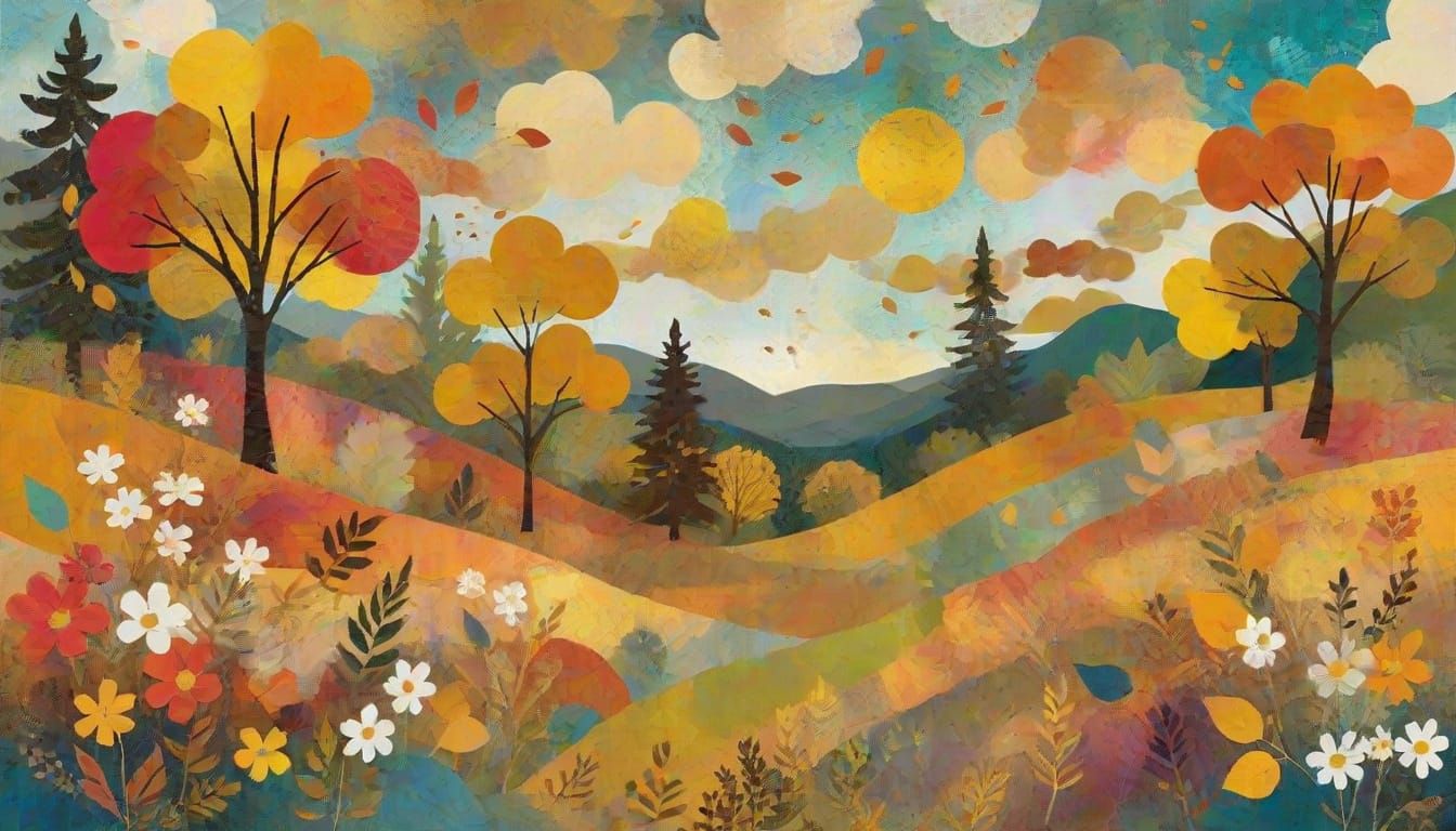 A whimsical impressionist torn paper collage landscape of a ...