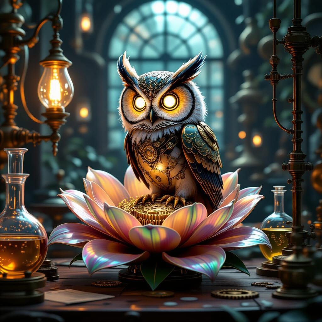 Clockwork Owl on Iridescent Flower in Victorian Lab