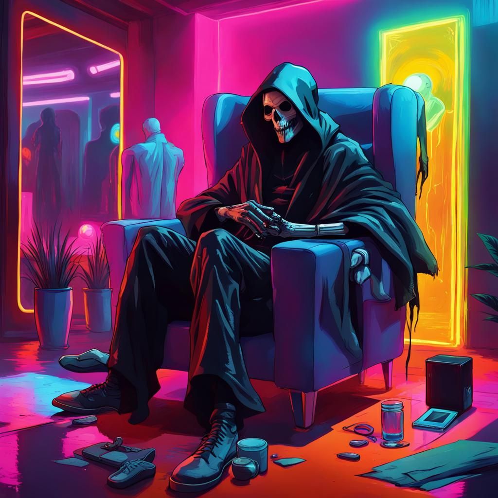 Grim Reaper's Neon Cyberpunk Day Off