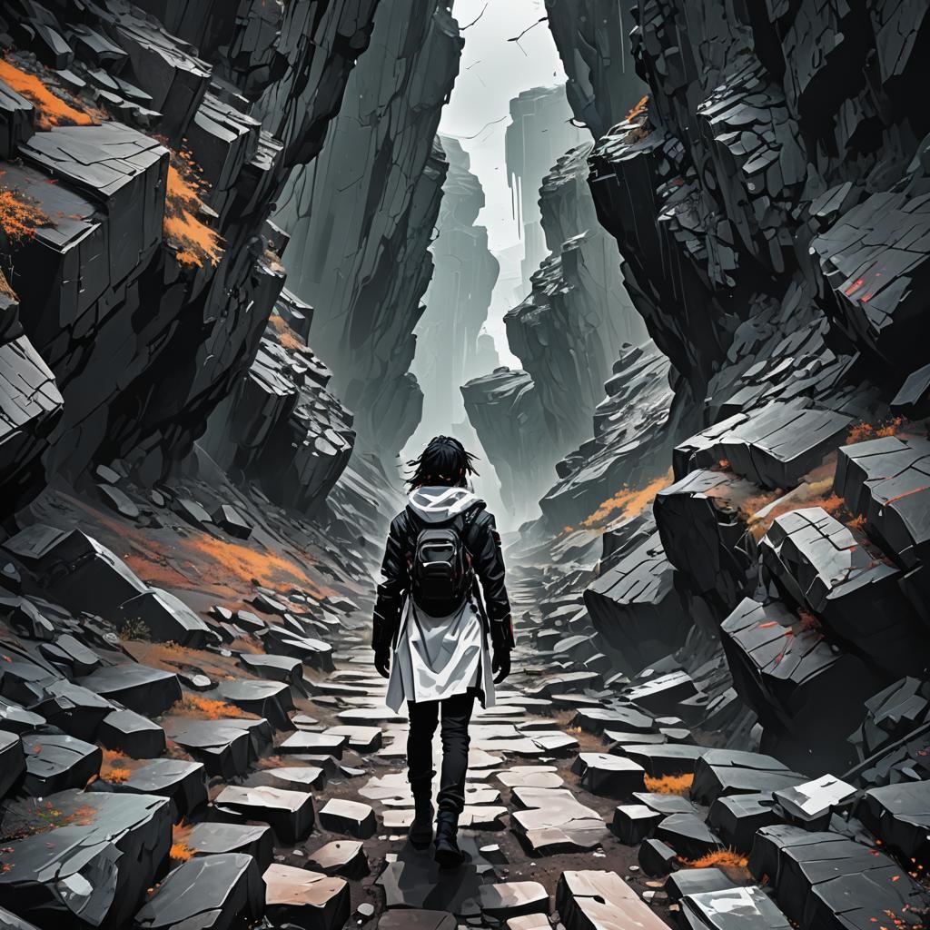 Cyberpunk Hero on Crumbling Cliff Path in Glitch Art Style