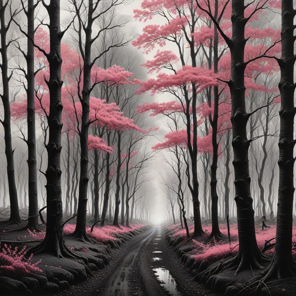Monochromatic Landscape with Pink Trees in Charcoal Style