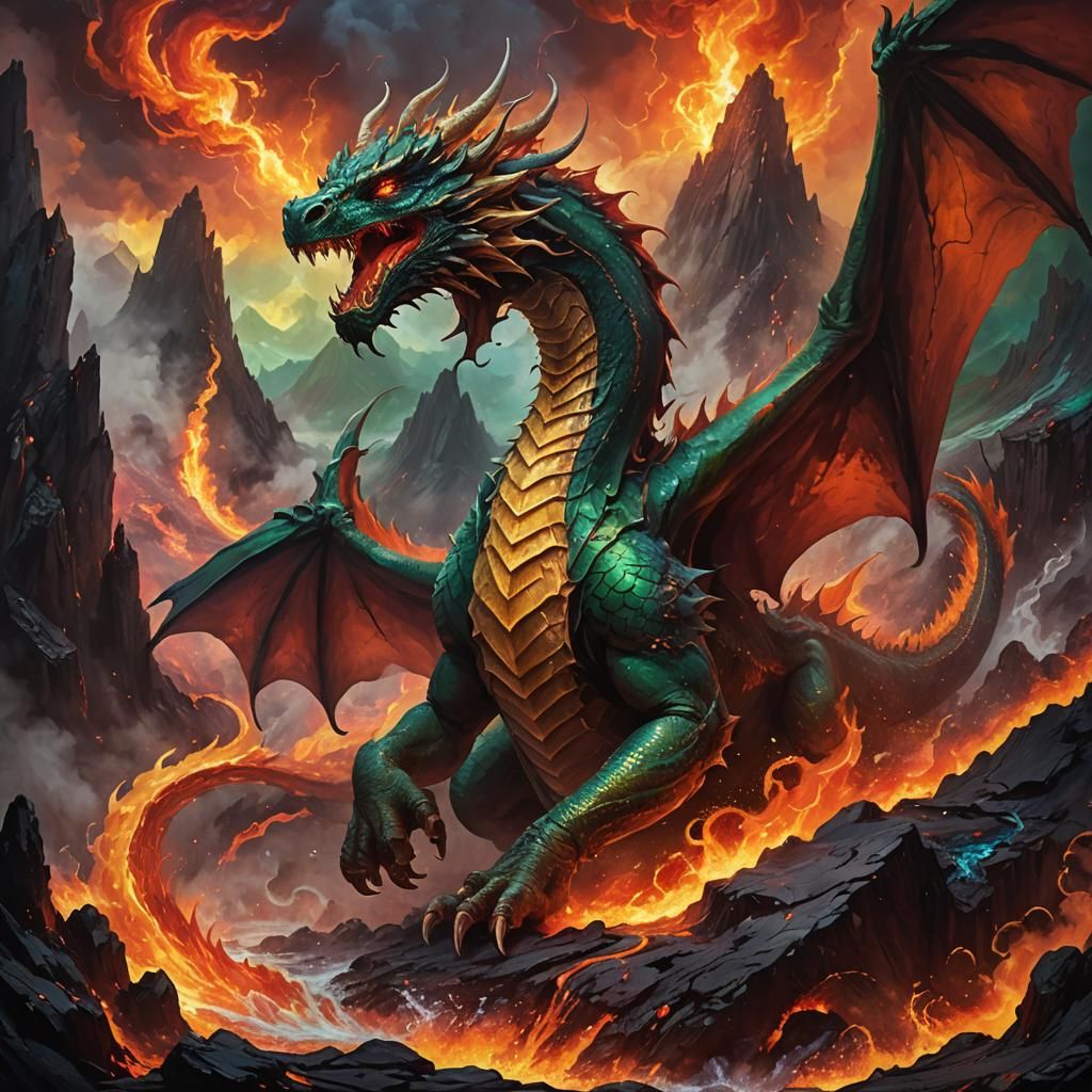 Majestic Dragon at Volcanic Caldera: Fantasy Oil Painting