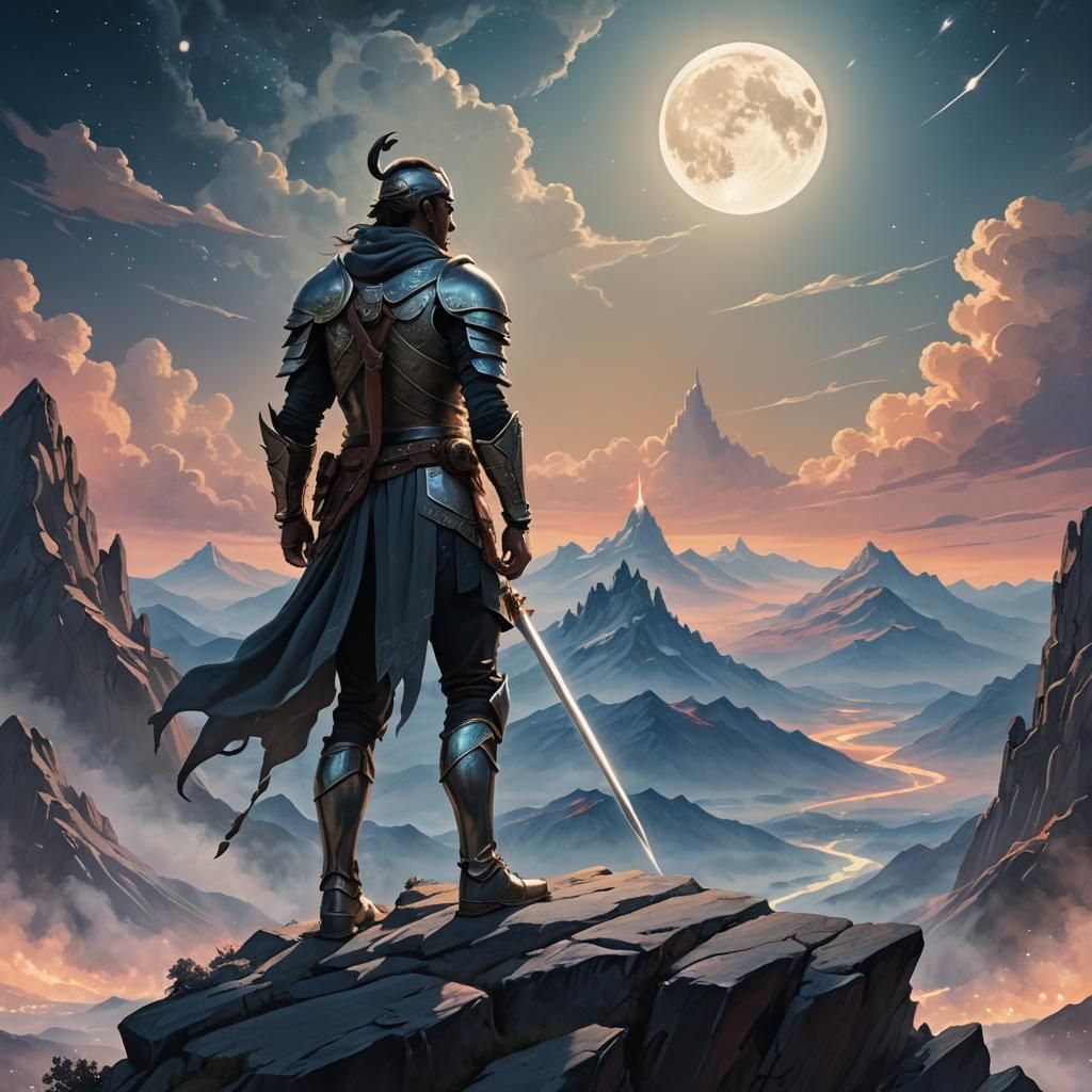 Mystical Mountain Warrior in Ethereal Moonlight