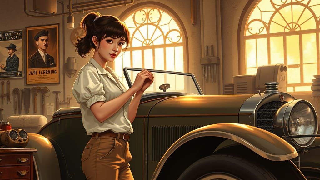 1930s Mechanic and Duesenberg in Alphonse Mucha Style