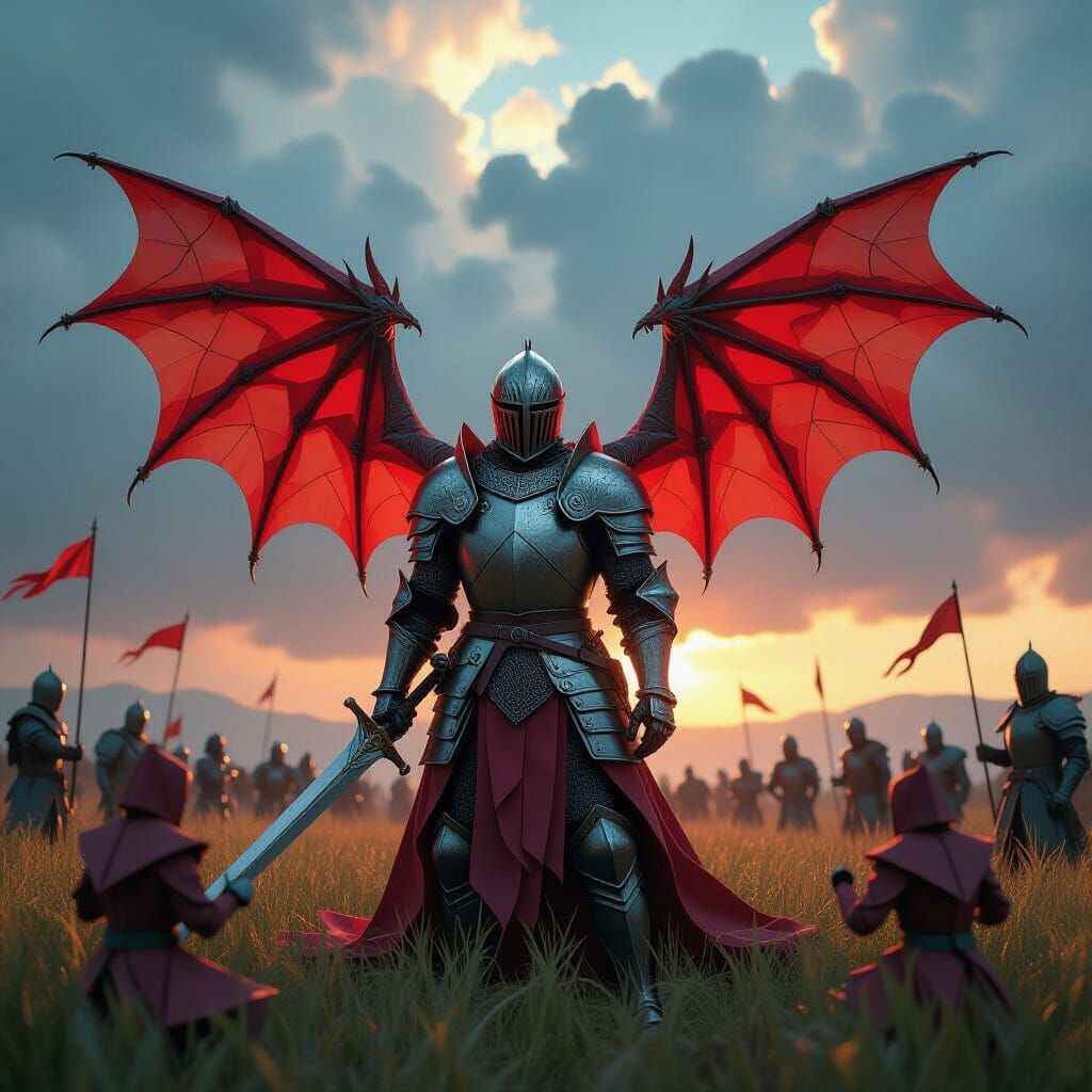 Knight with Origami Dragon Wings in Battlefield Meadow