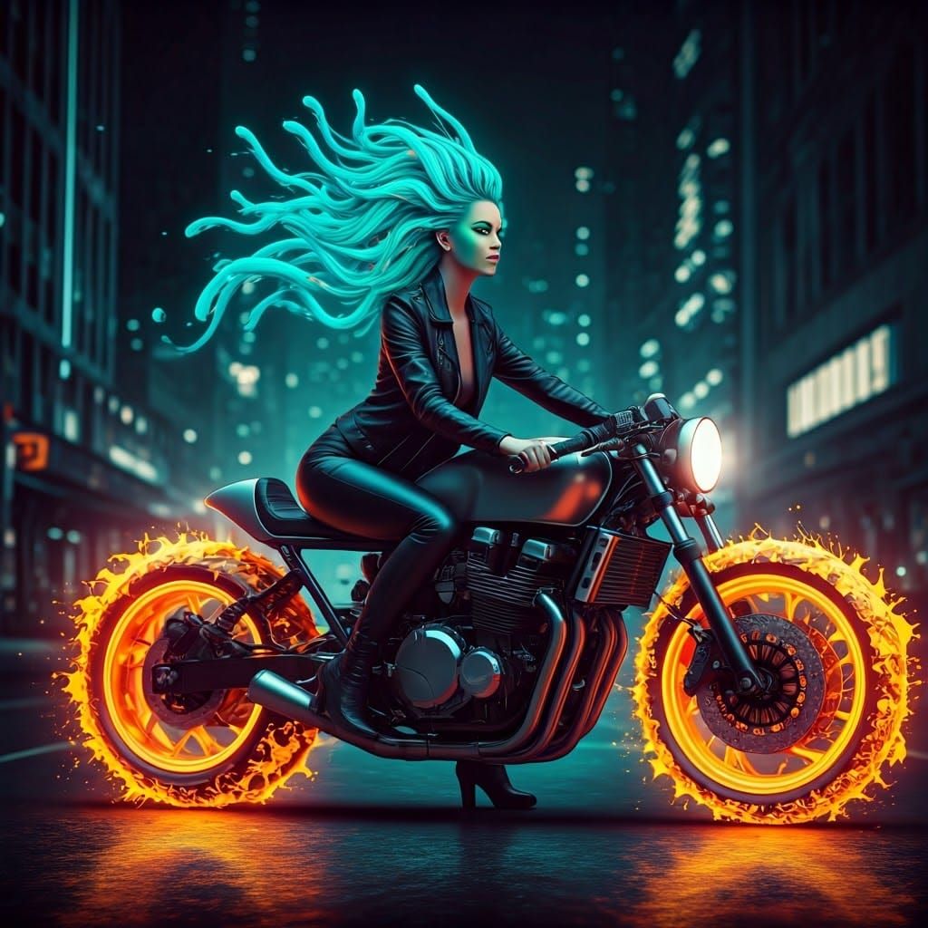 Woman with Ink Hair Rides Neon Motorcycle