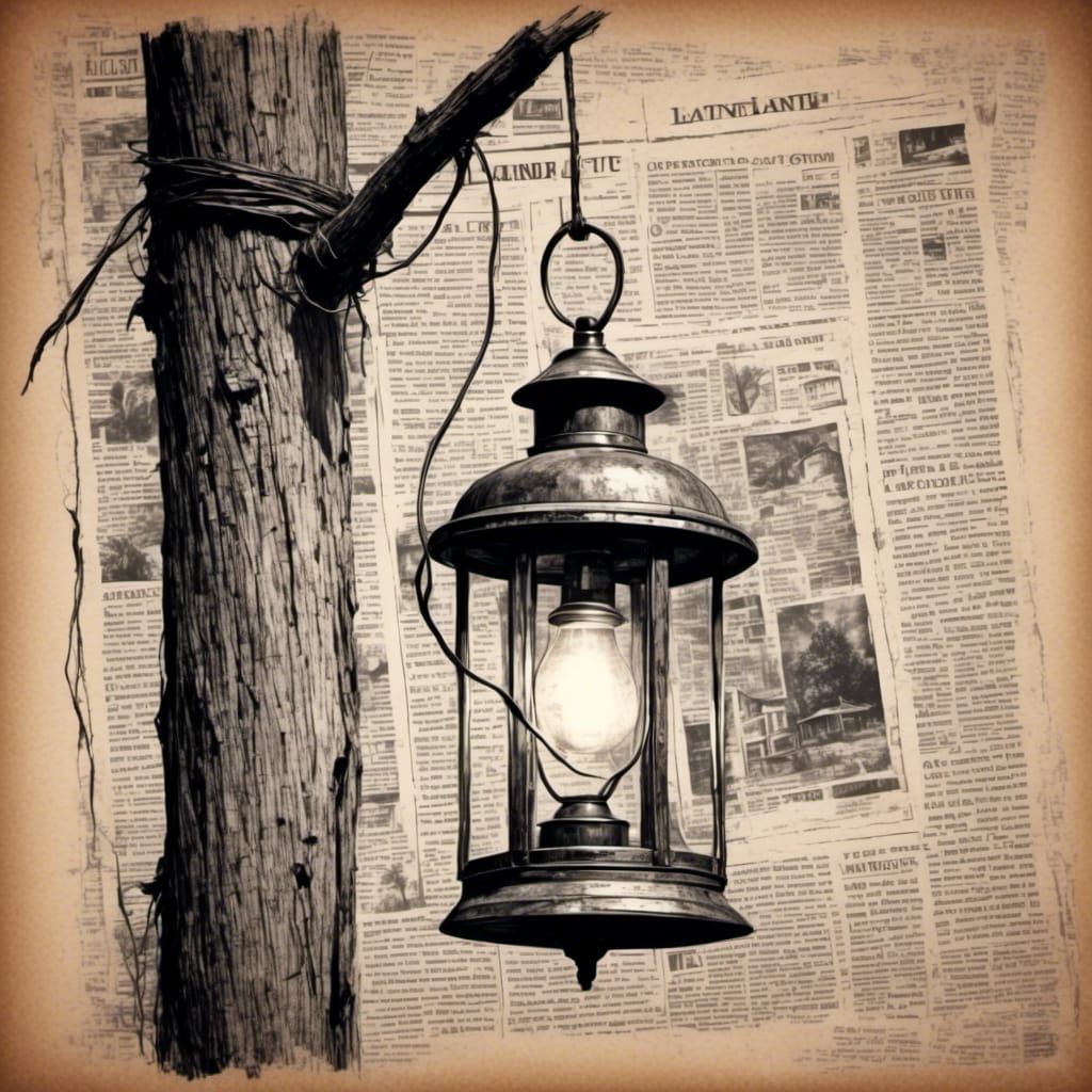 Flickering Lantern Sketch on Old Wooden Post