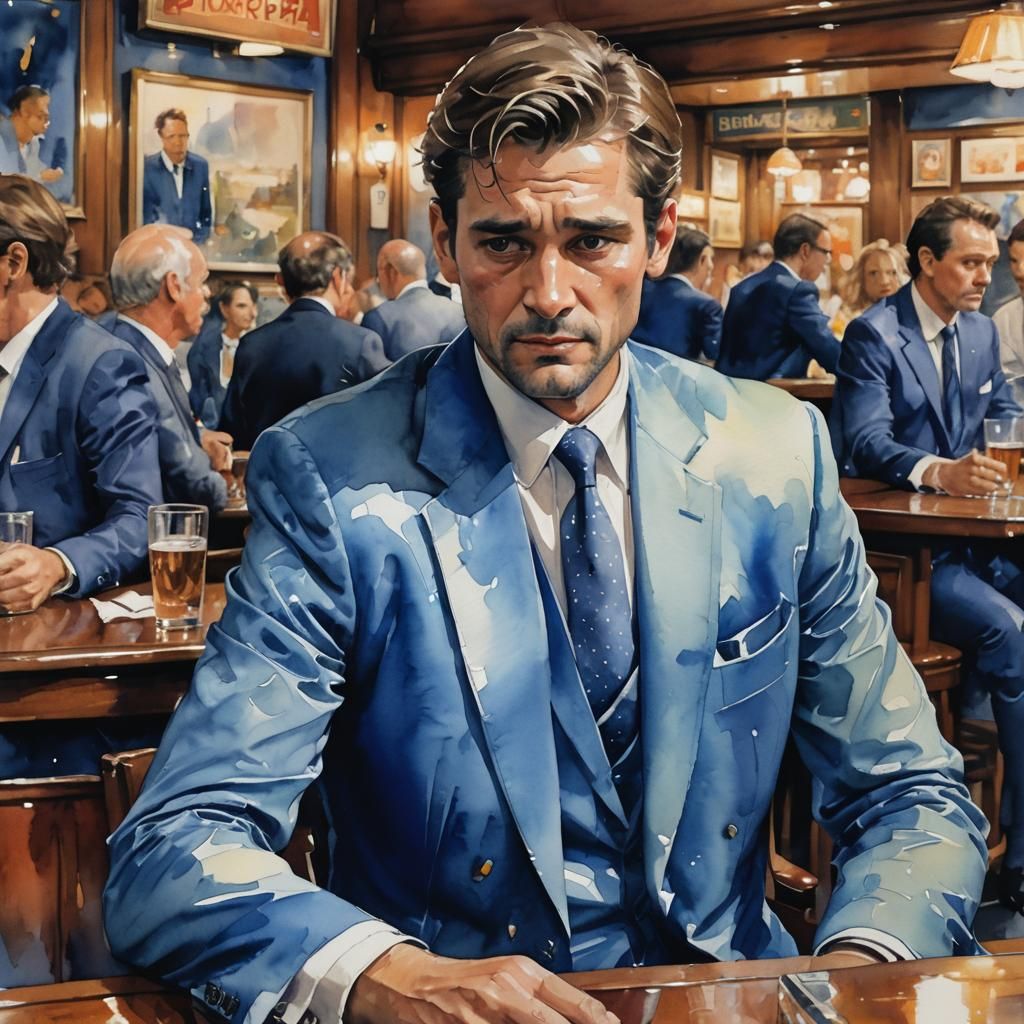 Sad Man in Blue Suit at Bar, Watercolor Cartoon