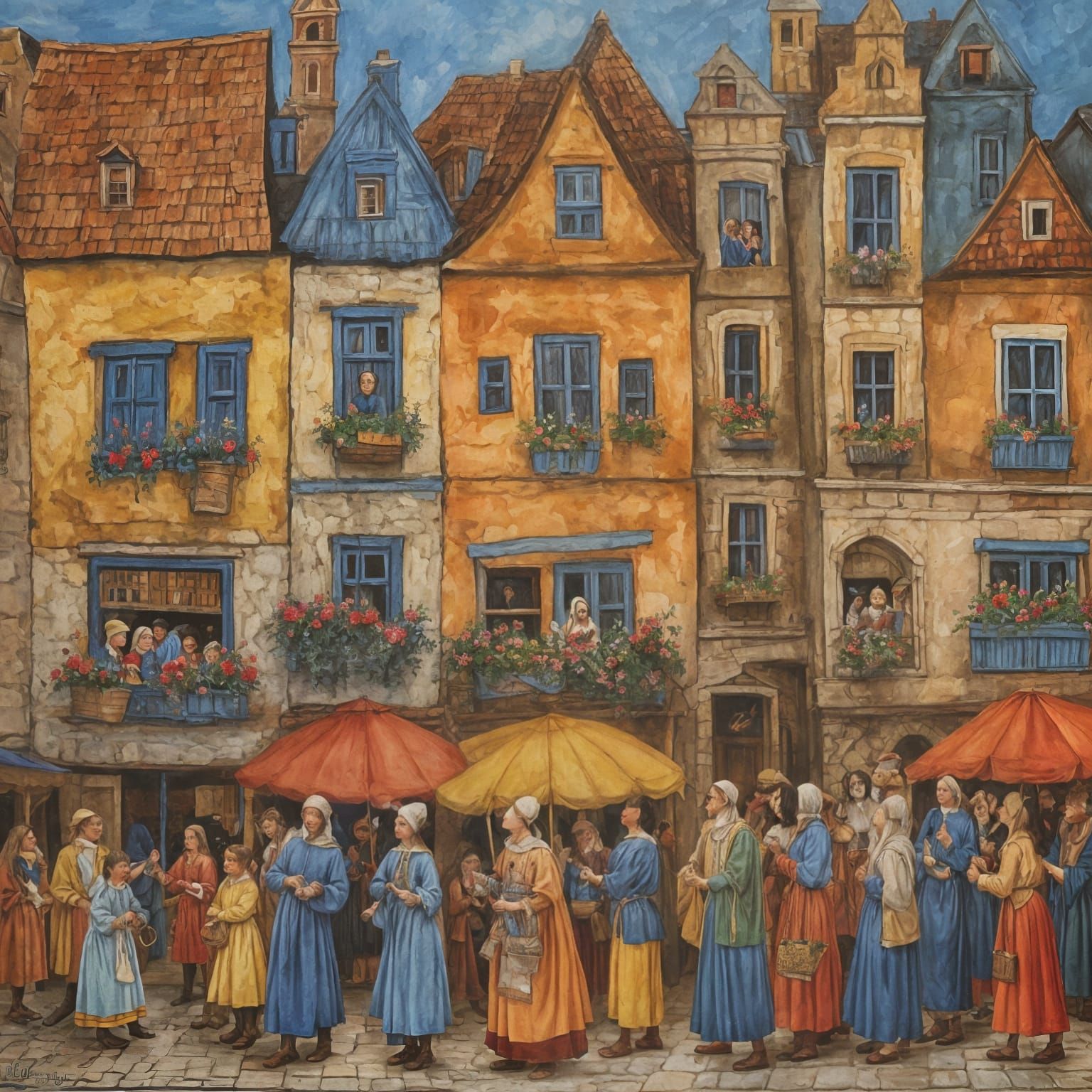 Vibrant Medieval Market Scene in Folk Art Style