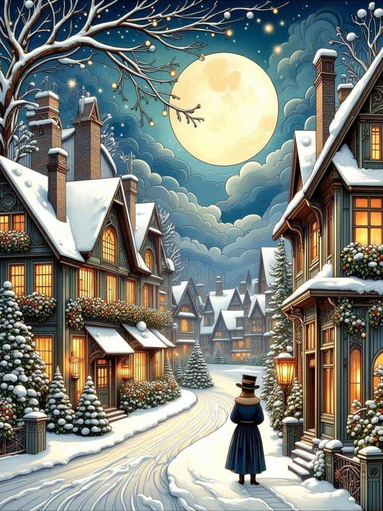 Vintage Holiday Village in Moonlit Splendor