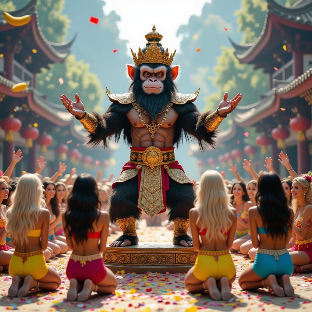 Hyper-Realistic Monkey King in Chaotic Celebration Scene