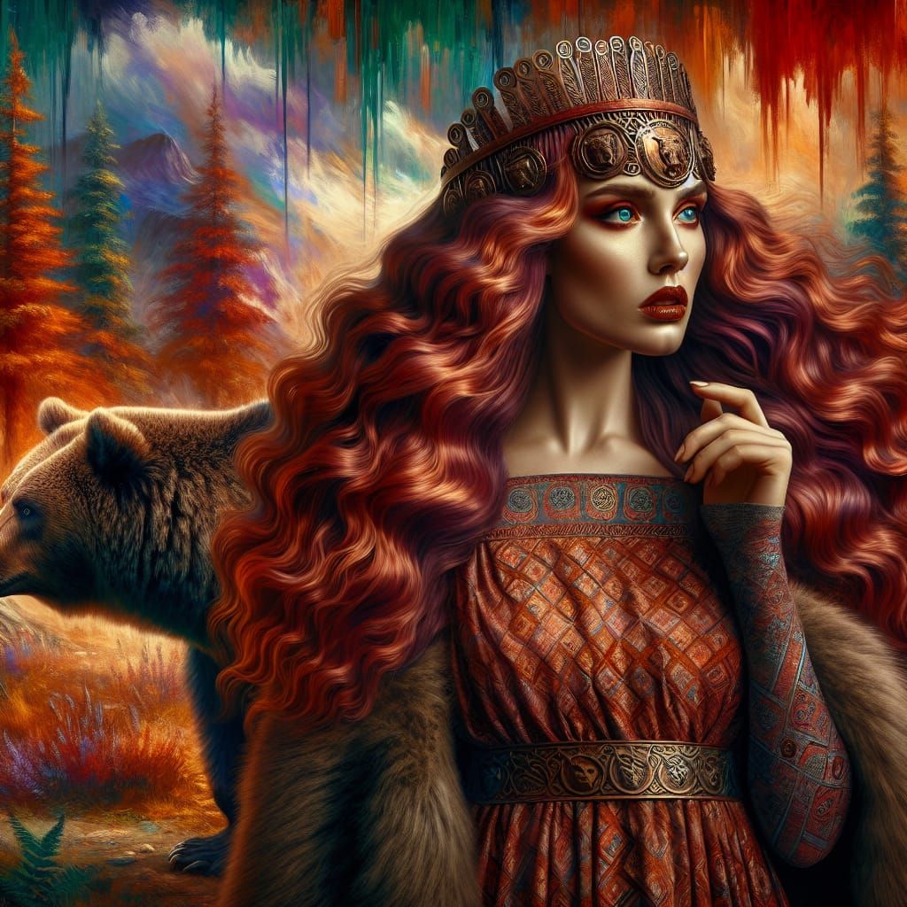Celtic Bear Goddess Andarta in Forest, Digital Painting