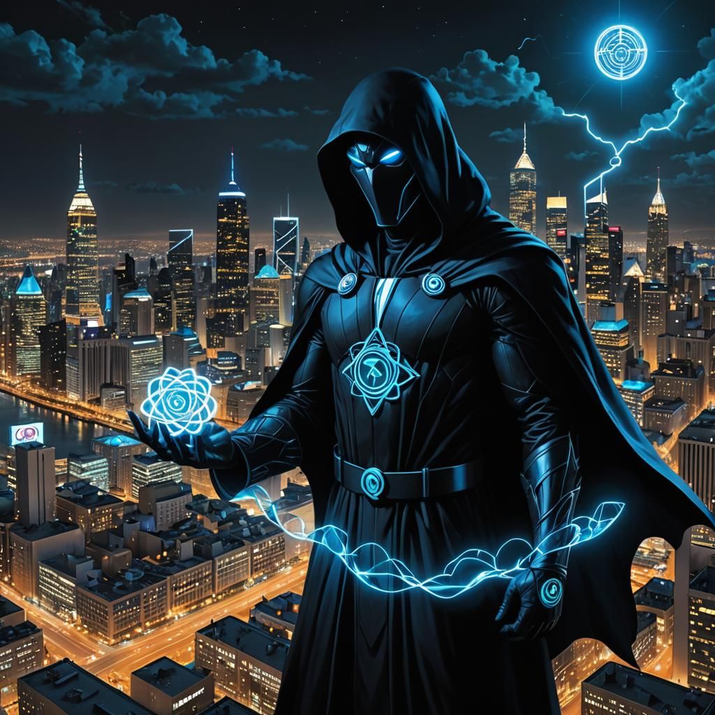 Faceless Superhero with Intergalactic Symbol in Dystopian Ci...