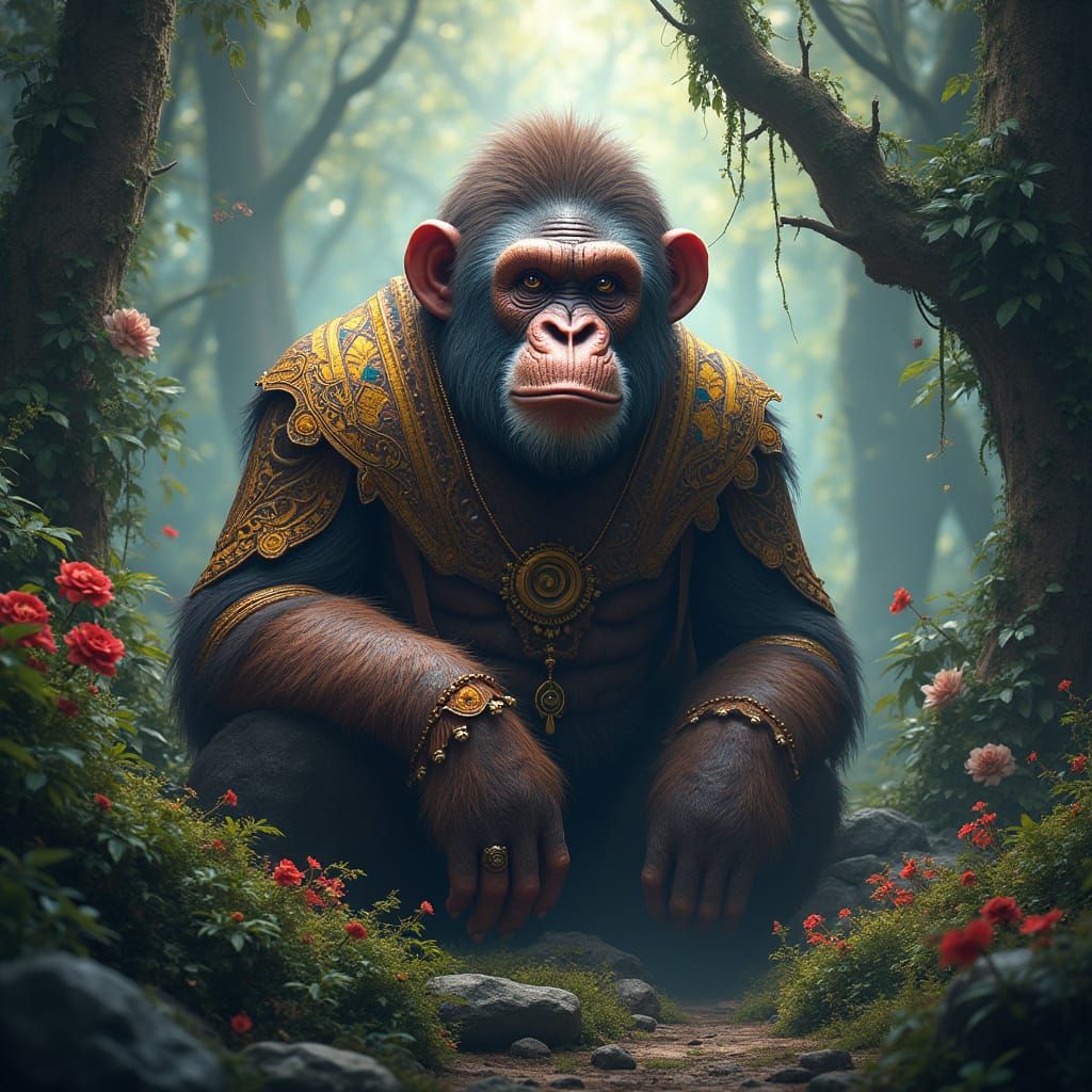 Majestic Ape in Ancient Forest, Fantasy Concept Art