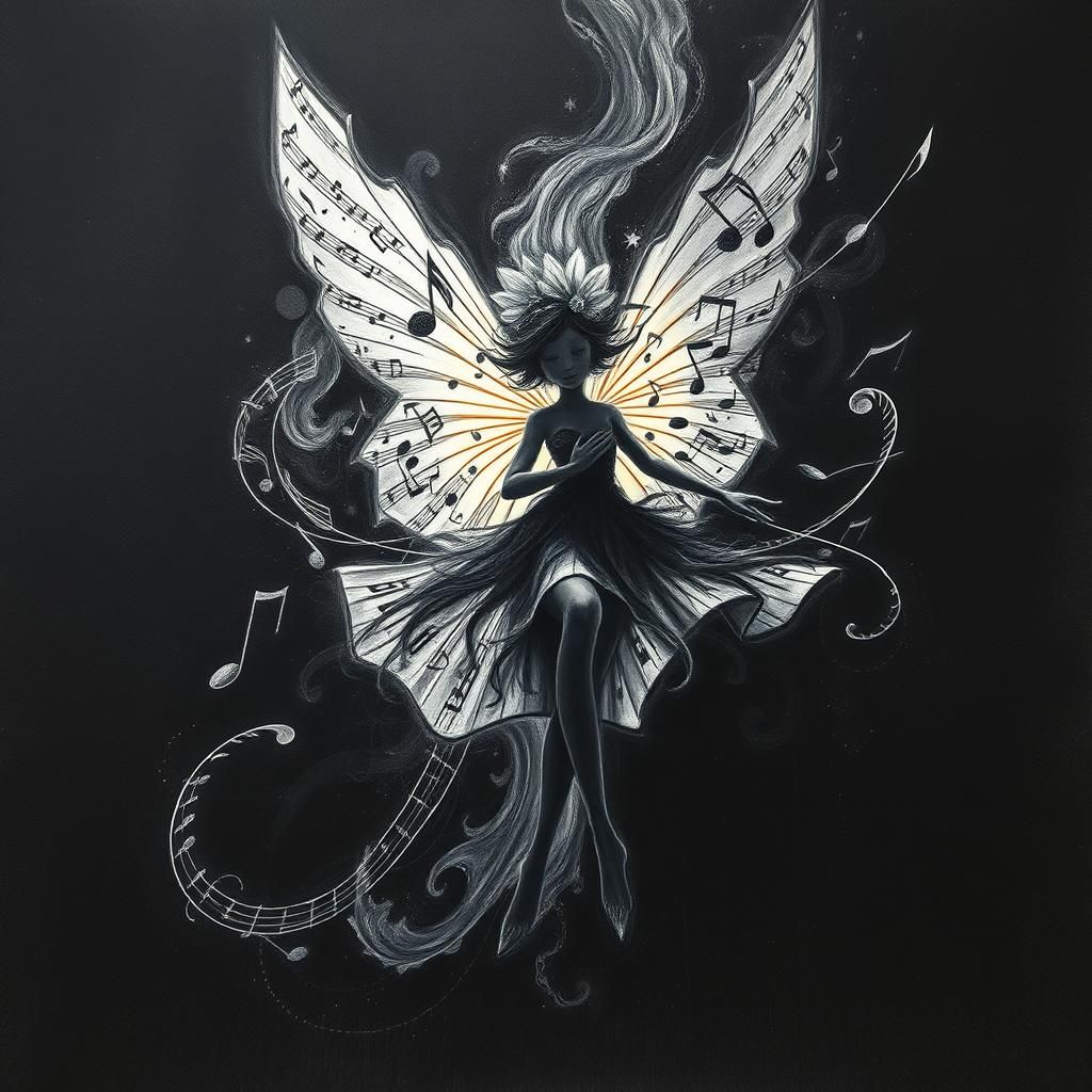 Musical Note Fairy in Detailed Charcoal Drawing